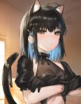  1girl absurdres ahoge animal_ear_fluff animal_ears bangs black_bow black_gloves black_hair black_ribbon blue_hair blurry blurry_background blush bow breasts brown_eyes cat_ears cat_tail cleavage closed_mouth commentary crop_top cross cross_earrings crossed_arms depth_of_field detached_sleeves earrings english_commentary extra_ears eyebrows_visible_through_hair gloves hair_bow highres indoors irene_(kanniiepan) jewelry kanniiepan kemonomimi_mode looking_at_viewer medium_breasts mole mole_under_eye multicolored_hair notice_lines original ribbon short_sleeves solo tail tail_ornament tail_raised tail_ribbon upper_body window 
