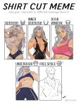  1boy 1girl absurdres artist_request breasts dorohedoro earrings highres jewelry large_breasts long_hair looking_at_viewer muscular muscular_female navel necktie noi_(dorohedoro) open_clothes open_mouth red_eyes shin_(dorohedoro) shirt shorts sideboob simple_background smile underboob white_hair 