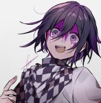  1boy :d bangs black_hair blood blood_on_face checkered checkered_background checkered_neckwear checkered_scarf commentary_request danganronpa_(series) danganronpa_v3:_killing_harmony grey_background grey_jacket hair_between_eyes hand_up highres huyuharu0214 jacket looking_at_viewer male_focus open_mouth ouma_kokichi pink_blood purple_eyes purple_hair scarf shiny shiny_hair signature simple_background smile solo upper_body upper_teeth 
