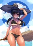  1girl arm_up bangs bikini bikini_tan black_hair black_headwear blue_sky bottle breasts broom brown_eyes cloud cloudy_sky commentary_request cowboy_shot day hat holding holding_bottle holding_broom kiryuu_takahisa large_breasts long_hair looking_at_viewer low_twintails navel original outdoors parted_lips ribbon side-tie_bikini skindentation sky solo standing string_bikini swimsuit tan tanline twintails water_bottle white_ribbon witch witch_hat wrist_ribbon 