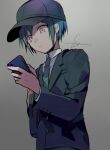  1boy bangs black_hair black_headwear black_jacket brown_eyes cellphone commentary_request danganronpa_(series) danganronpa_v3:_killing_harmony gradient gradient_background grey_background hat highres holding holding_phone huyuharu0214 jacket long_sleeves looking_at_phone male_focus necktie official_alternate_costume phone saihara_shuuichi shirt signature simple_background smartphone solo striped striped_neckwear upper_body white_shirt 