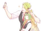  1boy 1girl achilles_(fate) animal_ears atalanta_(fate) blonde_hair casual cat_ears cellphone contemporary crossed_arms eyewear_on_head fate/apocrypha fate_(series) green_eyes green_hair height_difference mikkat necktie one_eye_closed phone selfie smartphone sunglasses vest waistcoat yellow_eyes 