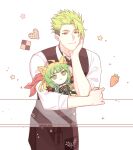  1boy achilles_(fate) apron armband atalanta_(fate) blonde_hair carrot character_doll cookie fate/apocrypha fate_(series) food gradient_hair green_hair head_rest long_hair male_focus mikkat multicolored_hair smile vest waistcoat yellow_eyes 