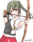  archery armor aruka bow_(weapon) breastplate dark_green_hair hair_ribbon japanese_clothes kantai_collection looking_at_viewer red_skirt ribbon skirt twintails twitter_username weapon white_background zuikaku_(kancolle) 