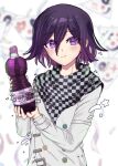  1boy bangs blurry blurry_background bottle buttons checkered checkered_scarf closed_mouth danganronpa_(series) danganronpa_v3:_killing_harmony depth_of_field double-breasted grape_soda grey_jacket hair_between_eyes hands_up highres holding holding_bottle jacket long_sleeves looking_at_viewer male_focus ouma_kokichi purple_eyes scarf smile snow_finale soda soda_bottle solo upper_body 
