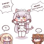  ... 3girls :3 ? animal_ear_fluff animal_ears bangs blonde_hair blue_eyes blush_stickers brown_hair bulga cat_ears cat_girl cat_tail chibi cs_perrault eyebrows_visible_through_hair fang full_body gloves grey_eyes heterochromia jitome khan_the_swift korean_text last_origin leona_of_blood_&amp;_iron maid_headdress multiple_girls outstretched_arms paw_gloves paws raccoon_costume silver_hair simple_background spoken_ellipsis spoken_question_mark tail twintails white_background yellow_eyes 