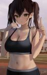  1girl bangs bare_arms bare_shoulders black_pants black_sports_bra blush breasts brown_hair cleavage crossed_bangs dripping eyebrows_visible_through_hair hands_up highres large_breasts long_hair looking_at_viewer midriff mole mole_under_eye navel original outdoors pants parted_lips solo sports_bra sweat tokkihouse twintails upper_body yellow_eyes 