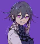  1boy bangs black_hair checkered checkered_scarf commentary commentary_request danganronpa_(series) danganronpa_v3:_killing_harmony eyebrows_visible_through_hair flipped_hair from_side grin hair_between_eyes hand_up huyuharu0214 jacket long_sleeves looking_at_viewer male_focus ouma_kokichi purple_background purple_eyes purple_hair purple_theme scarf signature simple_background smile solo upper_body 