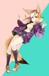  1girl alternate_costume animal_ears blonde_hair breasts dated drawstring extra_ears eyebrows_visible_through_hair fennec_(kemono_friends) floating_hair fox_ears fox_girl fox_tail full_body hands_up highres jacket kemono_friends leaning_back long_sleeves looking_at_viewer medium_hair nanana_(nanana_iz) navel no_bra open_clothes open_fly open_jacket open_shorts shoes short_shorts shorts sidelocks silver_eyes small_breasts socks solo stomach tail 