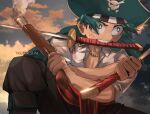  1boy bangs belt boku_no_hero_academia brown_pants cloud collarbone commentary cosplay_request day english_commentary freckles green_eyes green_hair green_jacket gun hat highres holding holding_gun holding_sword holding_weapon jacket jewelry male_focus midoriya_izuku mouth_hold necklace outdoors pants red_belt shirt skull_print sky solo sunset sword trubwlsum v-shaped_eyebrows weapon 