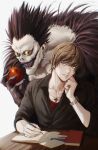  2boys absurdres apple black_hair book brown_eyes brown_hair death_note food fruit highres holding holding_food holding_fruit jacket jewelry male_focus multiple_boys necklace ryuk sharp_teeth shinigami smile table teeth thisuserisalive watch wristwatch writing yagami_light 