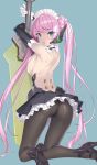  1girl android bare_back bare_shoulders black_legwear collar frilled_skirt frills gloves green_eyes high_heels highres isekai_maou_to_shoukan_shoujo_no_dorei_majutsu looking_back maid_headdress open_mouth pantyhose purple_hair rose_(isekai_maou_to_shoukan_shoujo_no_dorei_majutsu) skirt tsurusaki_takahiro twintails weapon white_gloves 