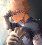  1boy alternate_costume artist_name bakugou_katsuki bandaged_arm bandaged_hands bandages bangs blonde_hair blush boku_no_hero_academia commentary english_commentary from_side hand_up highres hospital_gown male_focus profile solo spiked_hair trubwlsum upper_body window 