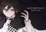  1boy absurdres bangs black_cape black_eyes black_hair cape checkered checkered_scarf closed_mouth commentary_request danganronpa_(series) danganronpa_v3:_killing_harmony dated finger_to_mouth floating_cape grey_background hair_between_eyes half-closed_eyes hand_up happy_birthday highres holding index_finger_raised jacket long_sleeves looking_at_viewer male_focus ouma_kokichi scarf shirt smile solo upper_body waguri_(ronpa) white_jacket 