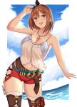 1girl arind_yudha atelier_(series) atelier_ryza beach belt breasts brown_hair cleavage hair_ribbon hand_on_own_head happy highres jewelry navel necklace reisalin_stout ribbon short_shorts shorts skin_tight skindentation smile solo tank_top thick_thighs thigh_gap thighhighs thighs 