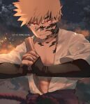  1boy abs artist_name bakugou_katsuki bangs black_gloves blonde_hair boku_no_hero_academia clothing_request cloud collarbone commentary cosplay english_commentary facial_mark gloves hands_up highres long_sleeves male_focus muscular naruto naruto_(series) night open_clothes outdoors own_hands_together red_eyes shirt short_hair solo spiked_hair trubwlsum uchiha_sasuke uchiha_sasuke_(cosplay) upper_body white_shirt 