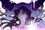  black_hair demon_girl demon_horns easel_(dam0628) fate/extra fate/extra_ccc fate/grand_order fate_(series) glowing glowing_eyes horns long_hair long_sleeves looking_at_viewer revealing_clothes sesshouin_kiara tassel very_long_hair yellow_eyes 