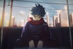  1boy artist_name bangs black_hair black_jacket black_pants blue_eyes blurry blurry_background boku_no_hero_academia building closed_mouth commentary cosplay day english_commentary green_hair jacket long_sleeves male_focus midoriya_izuku outdoors pants red_scarf scarf short_hair sitting skyscraper solo spiked_hair train_interior trubwlsum upper_body 