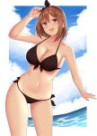  1girl arind_yudha atelier_(series) atelier_ryza bangs bare_shoulders beach bikini black_bikini breasts brown_hair cleavage hair_ribbon highres navel reisalin_stout ribbon side-tie_bikini solo swimsuit thick_thighs thigh_gap thighs 