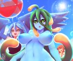  3girls ahoge arms_up artist_name ball bangs beachball bikini blue_feathers blue_hair blue_nipples blue_skin blue_slime blue_wings blush breasts closed_eyes colored_nipples colored_skin commentary english_commentary eyebrows_behind_hair feathered_wings feathers green_eyes green_hair hair_between_eyes harpy highres large_breasts lens_flare long_hair miia_(monster_musume) monster_girl monster_musume_no_iru_nichijou multiple_girls navel nipples nude open_mouth outdoors papi_(monster_musume) pink_hair slime_girl sukendo sun suu_(monster_musume) swimsuit tentacle_hair very_long_hair wings yellow_eyes 