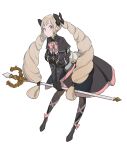  1girl black_capelet black_dress black_footwear black_gloves black_legwear black_ribbon blonde_hair blush bow bowtie capelet closed_mouth commentary dress drill_hair earrings elise_(fire_emblem) english_commentary fire_emblem fire_emblem_fates full_body gloves hair_ribbon highres hks_(timbougami) holding holding_staff jewelry leaning_forward leg_ribbon long_hair looking_at_viewer pink_bow pink_ribbon purple_eyes ribbon simple_background smile solo staff twin_drills twintails very_long_hair white_background 