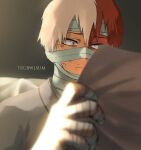  1boy artist_name bandage_on_face bandage_over_one_eye bandaged_arm bandaged_hands bandaged_head bandages bangs blurry blurry_background boku_no_hero_academia bruise burn_scar commentary english_commentary forehead_protector grey_eyes hand_up heterochromia highres holding holding_paper hospital_gown injury light male_focus multicolored_hair paper reading red_eyes red_hair sad scar short_hair solo todoroki_shouto trubwlsum two-tone_hair upper_body white_hair yellow_eyes 