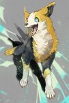  blue_eyes boltund claws commentary_request dog fangs full_body gen_8_pokemon grey_background highres kanami_(bprod) looking_to_the_side no_humans open_mouth paws pokemon pokemon_(creature) smile solo toes tongue tongue_out white_fur 