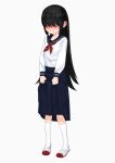  1girl bangs black_hair blush full_body hair_over_eyes jimiko kneehighs long_hair makosho original pleated_skirt school_uniform serafuku shoes simple_background skirt skirt_hold socks solo sweatdrop uwabaki white_background white_legwear 