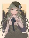  1boy bad_id bad_pixiv_id bandaged_hands bandages beret blush building closed_mouth collared_shirt frown green_eyes green_hair hat long_hair long_sleeves looking_at_viewer male_focus omomochid otoko_no_ko pinocchio_(sinoalice) reality_arc_(sinoalice) ribbon sad shirt sinoalice skirt skyscraper solo sunset suspender_skirt suspenders 