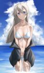  1girl absurdres bikini black_jacket blue_eyes blue_sky breasts cloud commission cowboy_shot day eila_ilmatar_juutilainen english_commentary fankupl front-tie_top hands_on_own_thighs highres horizon jacket long_hair looking_at_viewer medium_breasts navel ocean outdoors silver_hair sky solo standing strike_witches swimsuit white_bikini world_witches_series 