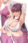  1girl armpits ass bangs breasts cleavage closed_mouth collarbone commentary_request damda eyebrows_visible_through_hair fate/grand_order fate_(series) large_breasts long_hair looking_at_viewer midriff multiple_views navel purple_hair red_eyes scathach_(fate) scathach_(fate)_(all) simple_background solo sportswear sweat white_background 