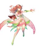  1girl alternate_costume bangs bare_shoulders bridal_gauntlets cape celica_(fire_emblem) detached_collar dress earrings fire_emblem fire_emblem_echoes:_shadows_of_valentia fire_emblem_heroes flower frilled_skirt frills gradient gradient_clothes hair_ornament hairband highres jewelry kaekae long_hair official_art pink_dress red_eyes red_hair shoes skirt sleeveless thighhighs transparent_background zettai_ryouiki 