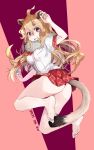  1girl ahoge alternate_hairstyle animal_ears arm_up ass bare_arms bare_legs barefoot blonde_hair breast_pocket dated full_body fur_collar hair_between_eyes highres kemono_friends lion_(kemono_friends) lion_ears lion_tail long_hair looking_at_viewer microskirt nanana_(nanana_iz) necktie no_panties open_mouth plaid plaid_neckwear plaid_skirt plaid_sleeves pleated_skirt pocket shirt short_sleeves silver_eyes skirt soles solo tail toes twisted_torso very_long_hair white_shirt 