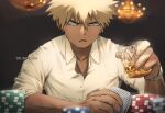  1boy bakugou_katsuki bangs black_background blonde_hair boku_no_hero_academia card collarbone collared_shirt commentary english_commentary glass hair_between_eyes highres holding indoors long_sleeves looking_at_viewer male_focus parted_lips playing_card poker_chip red_eyes shirt solo spiked_hair trubwlsum upper_body white_shirt wing_collar 