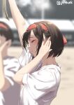  2girls arm_up black_hair blush closed_eyes closed_mouth gym_uniform hairband jonsun misaki_(jonsun) multiple_girls original outdoors red_hairband shirt short_hair short_sleeves solo_focus t-shirt twitter_username upper_body 