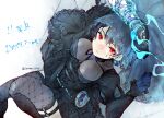  1girl alice_(sinoalice) black_dress blue_flower blue_gloves blue_hair blue_rose choker closed_mouth corset dress facepaint fishnets flower gloves gothic highres long_sleeves looking_at_viewer lying on_back pocket_watch puffy_sleeves red_eyes ribbon rose short_hair sinoalice solo tenten_sino thighhighs veil watch white_background zettai_ryouiki 