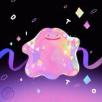  artist_name commentary confetti ditto full_body gen_1_pokemon gummy_(happyyu) highres no_humans open_mouth pokemon pokemon_(creature) purple_ribbon ribbon smile solo watermark 