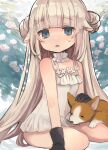  .live absurdres alternate_costume animal_ears blue_eyes dog double_bun flower gloves highres long_hair looking_at_viewer merry_milk moxi1368 open_mouth plant seiza sheep_ears silver_hair sitting sweat swimsuit virtual_youtuber white_background 