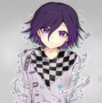  1boy arms_at_sides bangs black_scarf blush buttons checkered checkered_background checkered_floor checkered_neckwear checkered_scarf danganronpa_(series) danganronpa_v3:_killing_harmony double-breasted eyebrows_visible_through_hair flying_sweatdrops grey_background grey_scarf hair_between_eyes looking_at_viewer male_focus ouma_kokichi purple_eyes purple_hair scarf smile snow_finale solo straitjacket upper_body 