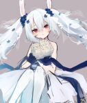  1girl :o after_suko animal_ears azur_lane bangs blue_flower blush bouquet bunny_ears dress flower grey_background hair_flower hair_ornament holding holding_bouquet laffey_(azur_lane) laffey_(white_rabbit&#039;s_oath)_(azur_lane) long_hair pantyhose parted_lips red_eyes silver_hair simple_background sketch solo twintails very_long_hair wedding_dress white_legwear 