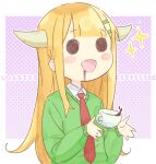  1girl background_text bangs blonde_hair coffee collared_shirt commentary_request cup eyebrows_visible_through_hair green_sweater hair_ornament hairclip halftone halftone_background horns jigatei_(omijin) long_hair long_sleeves madoromi-chan madoromi-chan_ga_iku. necktie puffy_long_sleeves puffy_sleeves red_neckwear romaji_text shirt sleeves_past_wrists solid_circle_eyes solo sparkle sweater upper_body very_long_hair white_shirt 