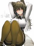  1girl absurdres among_us arknights arms_behind_head breasts brown_hair brown_legwear closed_mouth highres large_breasts long_hair long_sleeves looking_at_viewer pantyhose robin_(arknights) shirt solo tab_head white_background white_shirt yellow_eyes 