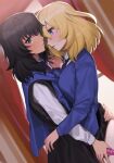  2girls andou_(girls_und_panzer) arm_around_waist bangs bc_freedom_school_uniform black_dress black_eyes black_hair blonde_hair blue_cardigan blue_eyes blue_neckwear blush cardigan closed_mouth clothes_lift commentary curtains dark_skin dress dress_shirt dutch_angle girls_und_panzer hand_on_another&#039;s_shoulder indoors lifted_by_another light_frown long_sleeves looking_at_another looking_at_viewer medium_hair messy_hair multiple_girls necktie oshida_(girls_und_panzer) panties panty_pull parted_lips pinafore_dress pink_panties pleated_dress pulled_by_another school_uniform shirt short_dress skirt skirt_lift standing sweatdrop sweater_around_neck tan_(inka) underwear white_shirt window wing_collar yuri 