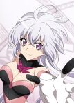  1girl ahoge breasts dutch_angle elbow_gloves emmxd325 gloves grey_hair looking_at_viewer medium_breasts outstretched_arms purple_eyes senki_zesshou_symphogear smile solo white_background yukine_chris 