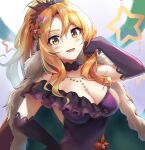  1girl blonde_hair blush breasts brown_eyes cape christina_(princess_connect!) cleavage dress elbow_gloves flower fur-trimmed_cape fur_trim gloves green_cape hair_between_eyes hair_flower hair_ornament large_breasts long_hair looking_at_viewer open_mouth princess_connect! purple_dress purple_gloves red_cape shuucream_(syuichi) smile solo star_(symbol) upper_body 