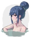  1girl bathing blue_hair hair_bun nude onsen purple_eyes shima_rin solo tamusuguru wet yurucamp 