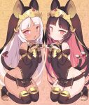  2girls animal_ears bangs bare_shoulders black_dress black_gloves black_hair black_legwear blade_(galaxist) bridal_gauntlets cat_ears cat_girl cat_tail character_request closed_mouth commentary_request covered_navel dark-skinned_female dark_skin dress egyptian eyebrows_visible_through_hair fingerless_gloves gloves hands_up kneeling long_hair looking_at_viewer multicolored_hair multiple_girls multiple_tails nekoyama_nae open_mouth paw_pose pink_hair short_eyebrows single_glove sleeveless sleeveless_dress tail thick_eyebrows toeless_legwear toranoana two-tone_hair two_tails very_long_hair virtual_youtuber white_hair 