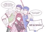  1girl 2boys arm_around_shoulder armor blue_hair breasts closed_eyes crossed_arms cu_chulainn_(fate)_(all) cu_chulainn_(fate/stay_night) fate/grand_order fate_(series) fergus_mac_roich_(fate) gae_bolg_(fate) hair_intakes large_breasts long_hair mikkat multiple_boys pauldrons polearm ponytail purple_hair red_eyes scathach_(fate) scathach_(fate)_(all) short_hair shoulder_armor spear weapon 