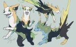  boltund commentary_request dog electricity gen_8_pokemon green_eyes grey_background highres kanami_(bprod) multiple_views no_humans open_mouth paws pokemon pokemon_(creature) running sketch smile sparkle toes tongue white_fur 