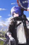  1girl arknights bag bangs black_gloves black_horns black_jacket blue_eyes blue_hair blue_sky chinese_commentary cloud commentary_request earbuds earphones eyebrows_visible_through_hair fur-trimmed_jacket fur_trim gloves halo highres holding holding_bag holding_earphones horns jacket long_sleeves mismatched_gloves mostima_(arknights) mountain oreshki road_sign scenery shirt sign sky solo weapon weapon_on_back white_gloves white_shirt 
